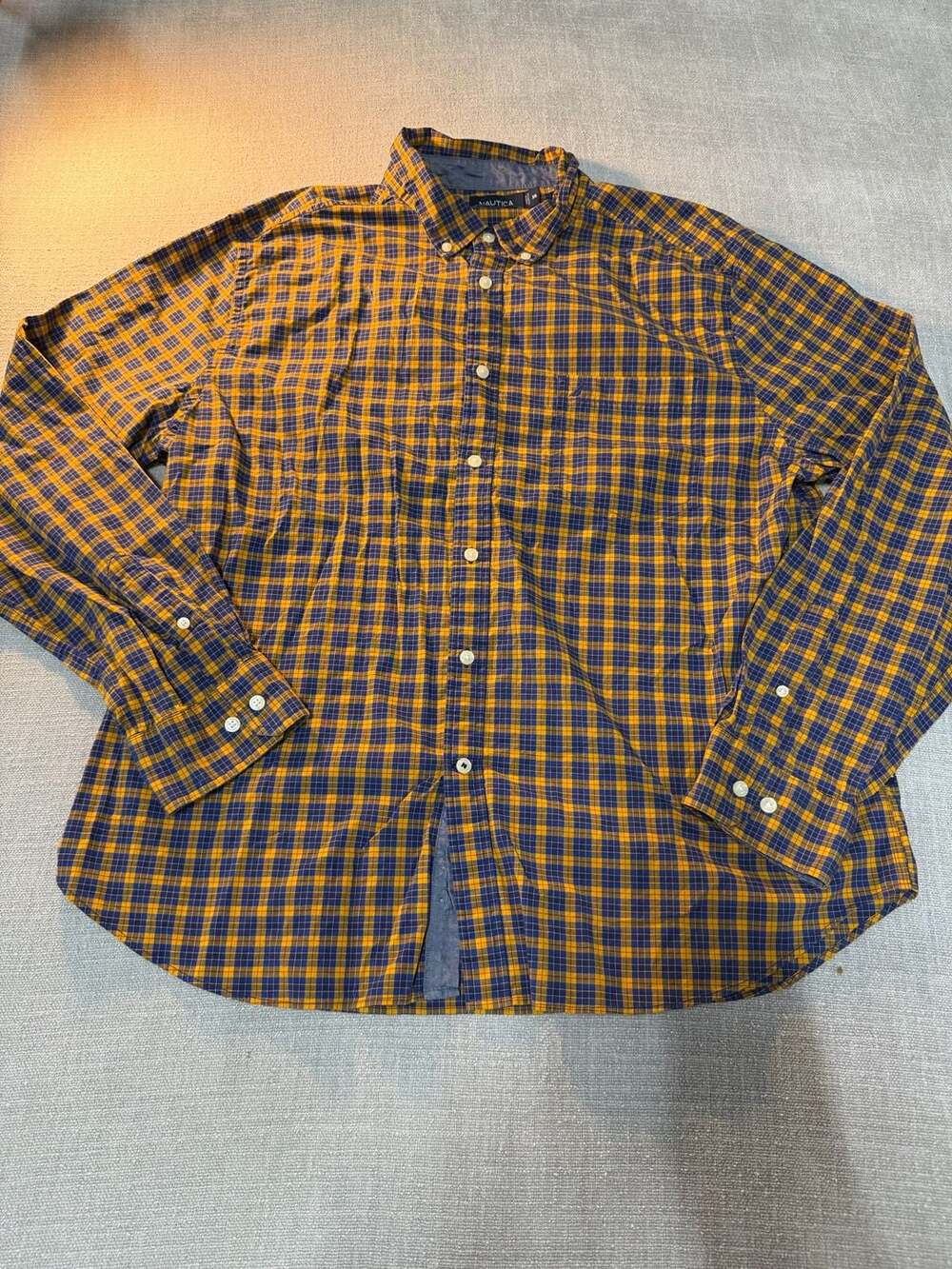 Nautica Classic Fit Long Sleeve Button Down Plaid Shirt Yellow Blue XXL